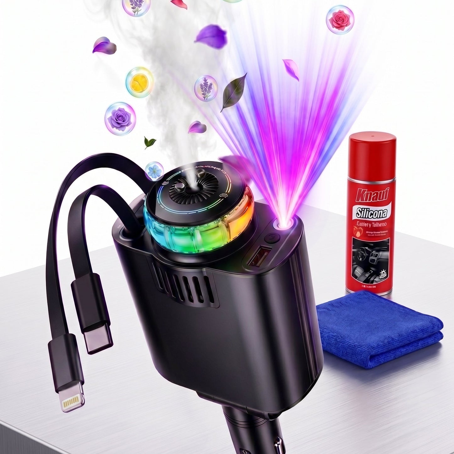 KIT CAR LUXURY 3 EN 1: Aromatizador con Cargador y Luces RGB + Silicona + Microfibra Pro